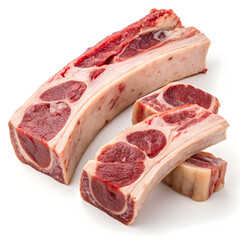 Raw beef bones with marrow cut isolated on a white background presenting fresh meat culinary ingredient for cooking