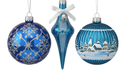 Three vintage blue glass christmas ornaments with silver details on black