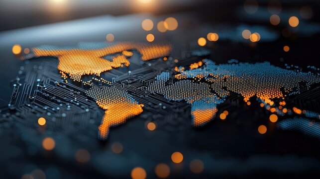 A digital world map is created with a circuit board design, featuring orange and blue lights. Bokeh lights add to the futuristic aesthetic.