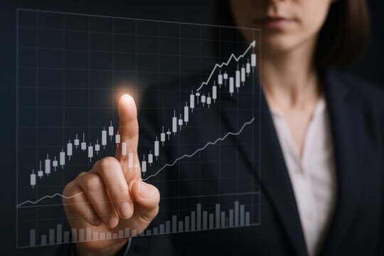 Businesswoman analyzing stock market data with touch screen interface for investment growth strategy