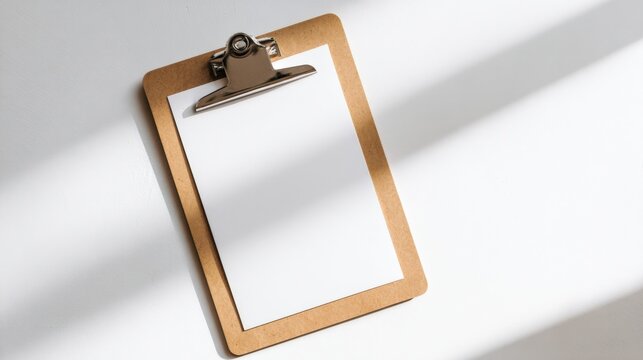 Clipboard with Blank White Paper on White Surface Mockup for Notes or Task List