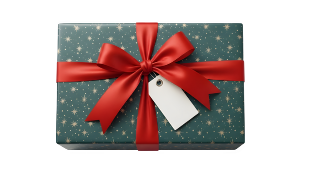 Festive gift box wrapped in green paper with red ribbon and tag