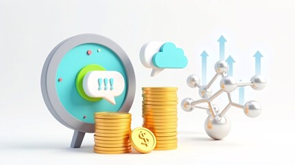 A 3D scene: a gauge (with an exclamation chat bubble), stacked gold coins, a cloud icon, a molecular structure, and upward arrows—symbolizing finance, alerts, tech, and growth.