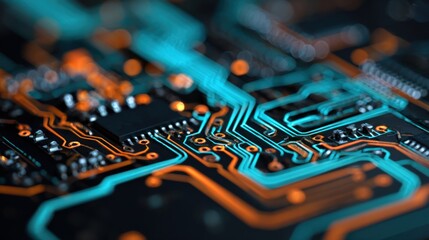 Fototapeta premium Circuit Board Close-Up: High-Tech Electronic Componentry with Bright Blue and Orange Traces for Advanced Systems