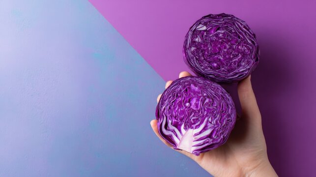 Hand holding halves of fresh red cabbage against a purple backdrop, vibrant and nutritious vegetable