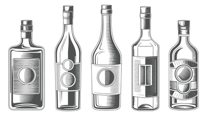 Monochrome Alcohol Booze Emblem Collection Featuring Retro Drink Icons, Vintage Bottle Graphics, Bar Symbols, Distillery Elements, Classic Brewery Themes, And Label Illustration For Design Projects