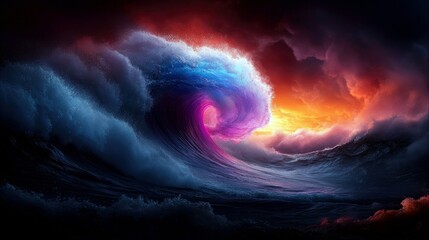 A powerful wave crashes against a stormy sky, with vibrant colors of blue, purple, and orange creating a dramatic and awe-inspiring scene.