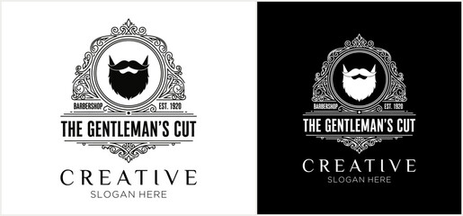 A vintage-style barbershop logo template featuring a classic barber pole inside an ornate shield, presented in black and white variations.