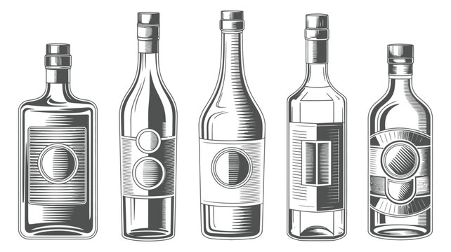 Monochrome Alcohol Booze Emblem Collection Featuring Retro Drink Icons, Vintage Bottle Graphics, Bar Symbols, Distillery Elements, Classic Brewery Themes, And Label Illustration For Design Projects