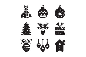 Black and white christmas icons for holiday decoration and design