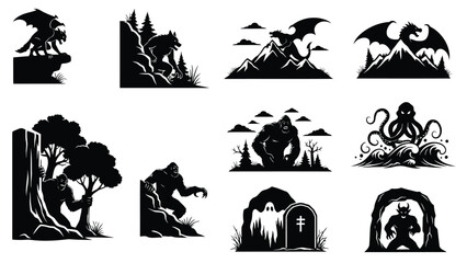 Naklejka premium Collection of dark fantasy creatures and spooky horror monsters, depicted as black silhouette flat vector illustrations, isolated on white background