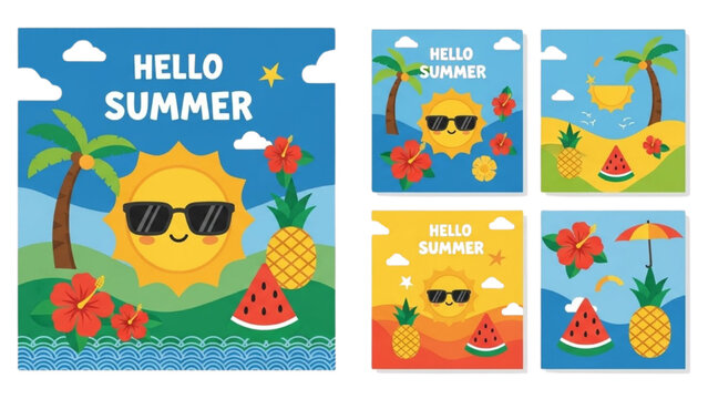 Colorful and playful summer beach scene illustrations with a happy sun character and fruits