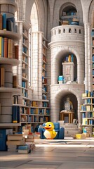 A cartoon duckling sits in a library reading room surrounded by bookshelves and books.