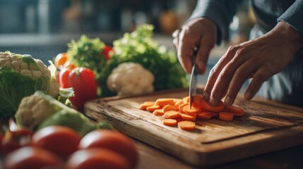 Close-up of hands slicing fresh carrots on a wooden cutting board for healthy meal preparation