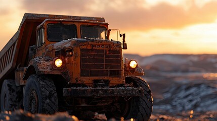 A large, yellow dump truck is seen at sunset. The truck is covered in dirt and snow, with its headlights on. The background is a blurred landscape with a warm,