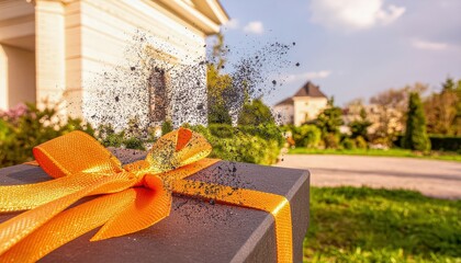 Gift box with bright ribbon dissolving into magical sparkling particles creates a whimsical transformation moment full of wonder, motion, color and festive atmosphere