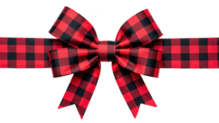 Red and black checkered bow with ribbon, perfect for festive decorations and gift wrapping, adding cozy touch to any occasion