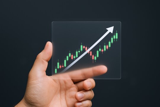 Stock Market Growth Concept: Hand Holding Transparent Screen with Upward Trending Candlestick Chart