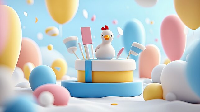 A whimsical illustration featuring a cute chicken on a birthday cake surrounded by colorful balloons and soft pastel shapes, creating a cheerful and celebratory