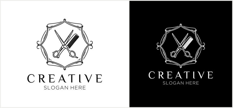 A vintage-style barbershop logo template featuring a classic barber pole inside an ornate shield, presented in black and white variations. - Powered by Adobe