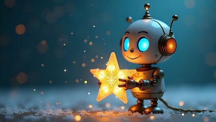 A small robot with a metallic finish holds a shining star in its hand, symbolizing achievement and innovation.