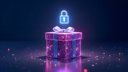 A purple gift box with a holographic lock symbolizing a surprise or secret inside.