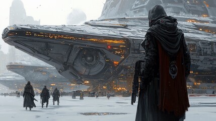 A figure in a hooded cloak stands in a snowy environment, observing a large spaceship. Other figures walk in the distance. The scene is set in a futuristic, sci
