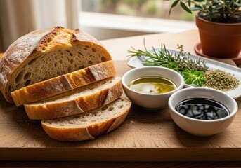 Freshly sliced rustic sourdough bread served with dipping bowls of olive oil and balsamic vinegar on a wooden board