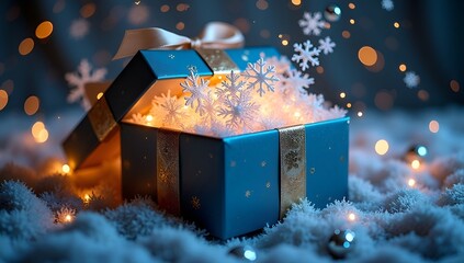 A sparkling Christmas gift box opened with snowflakes and magical winter lights.