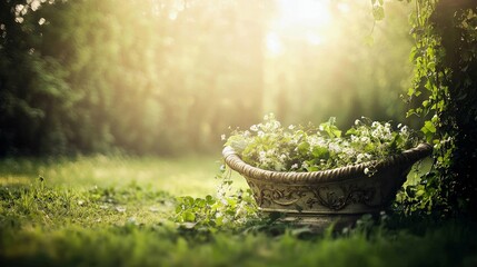 A decorative flower pot filled with white flowers sits in a lush green garden, bathed in sunlight. The scene evokes a sense of peace and tranquility.