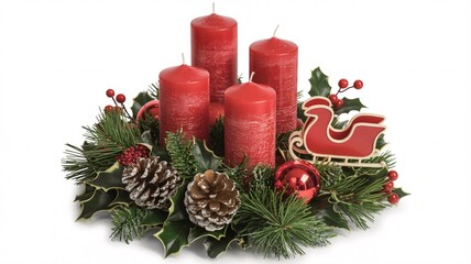 Christmas Advent Wreath with Red Candles and Sleigh Decoration.