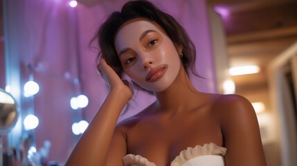 A beauty influencer applying a collagen-boosting sheet mask while filming a nighttime skincare routine, soft purple LEDs illuminating her vanity — digital beauty culture, skincare content creation,