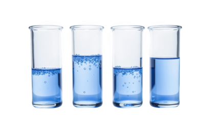 Clear glass test tubes filled with blue liquid, showcasing different levels of bubbles and liquid. Ideal for scientific themes and experiments