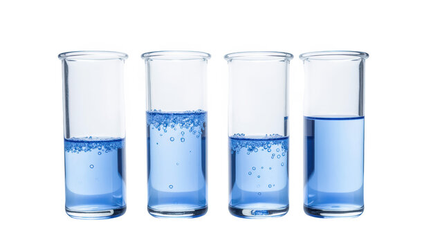 Clear glass test tubes filled with blue liquid, showcasing different levels of bubbles and liquid. Ideal for scientific themes and experiments