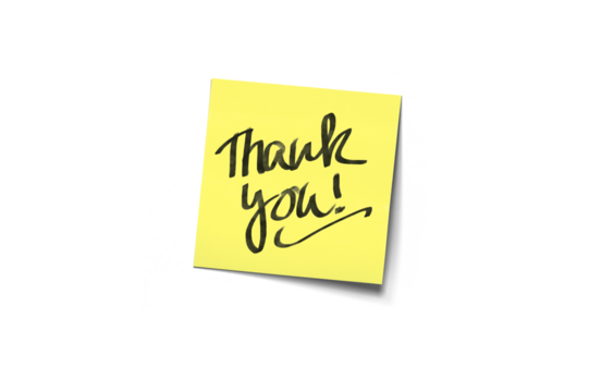 Thank You Handwritten Post-It Note On Yellow Sticky Pad With Gratitude Message