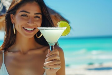 Close-up of a beautiful, smiling woman holding a refreshing Margarita cocktail with a salt rim and lime wedge on a sunny tropical beach against turquoise ocean water.