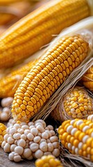 Close-up shot of various corn cobs and kernels on a wooden surface, showcasing the textures and colors of the harvest.