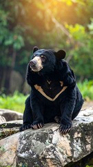 Black bear with a tan patch sitting on a rock in a green forest, dappled sunlight behind it