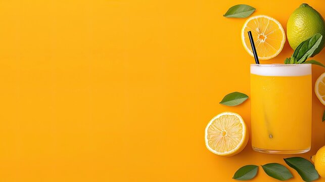 A refreshing glass of citrus juice with lemons, limes, and green leaves on a vibrant orange background. Perfect for summer drinks and healthy eating.