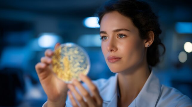 A scientist examining a petri dish where a microbial activity indicator emits soft fluorescence under UV light — microbiology diagnostics, lab visualization, and advanced research imaging. - Powered by Adobe