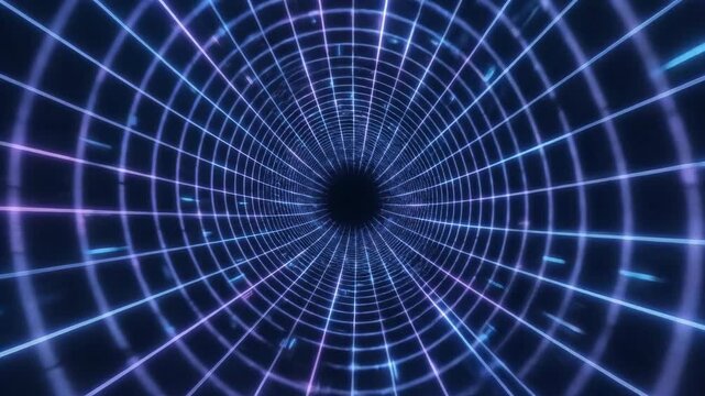 Seamlessly looping digital spiral tunnel background rotating clockwise with pulsing bright blue and purple neon light cosmic, modern, geometric
