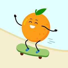 Cute Orange character riding a skateboard. Cartoon Happy avocado on skateboard.
