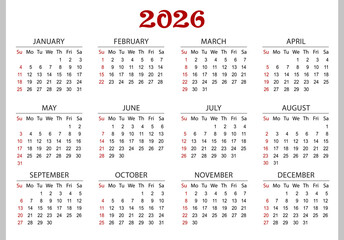 Pocket calendar for 2026. Vector calendar template for business, red on a white background. The week starts on Sunday.