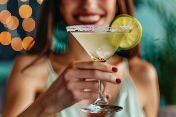 Close-up shot of a refreshing Margarita cocktail with lime and salted rim, held by a joyful woman enjoying a night out at a festive bar with glowing bokeh background.