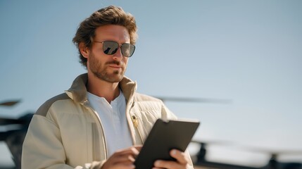 A drone technician calibrating flight-stabilization gyros and compass settings outdoors, holding a tablet that displays orientation data against a clear sky — UAV maintenance, drone flight