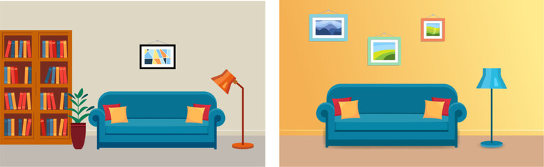 Living room with sofa, lamp, plant and bookshelf