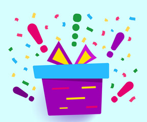 Super prizes win on violet gift box, loyalty program reward. Holiday gift box. Wonder gift with exclamation mark and confetti. Vector icon in modern flat style