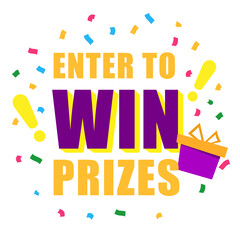 Enter to win prizes. vertical banner. orange gift box on white background and exclamation marks. Fireworks or confetti around. Cartoon origami style vector illustration.