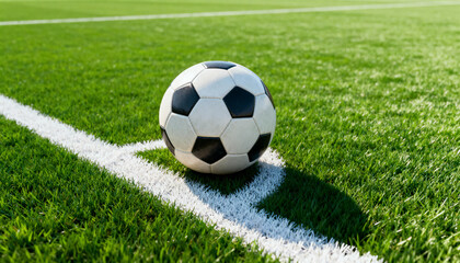 Fototapeta premium soccer ball resting on vibrant green field near white line on sunny day outdoor sport