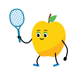 Cute apple. apple plays tennis. 
The concept of a gym, health, fitness, cartoon.